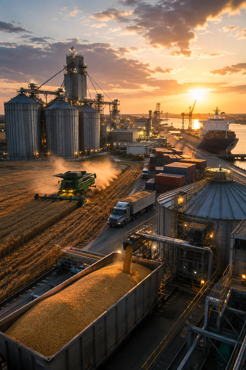 Modern agricultural commodity export terminal featuring grain elevators, wheat harvesting, soybean processing facilities, shipping containers, and global cargo logistics supporting international agricultural trade.