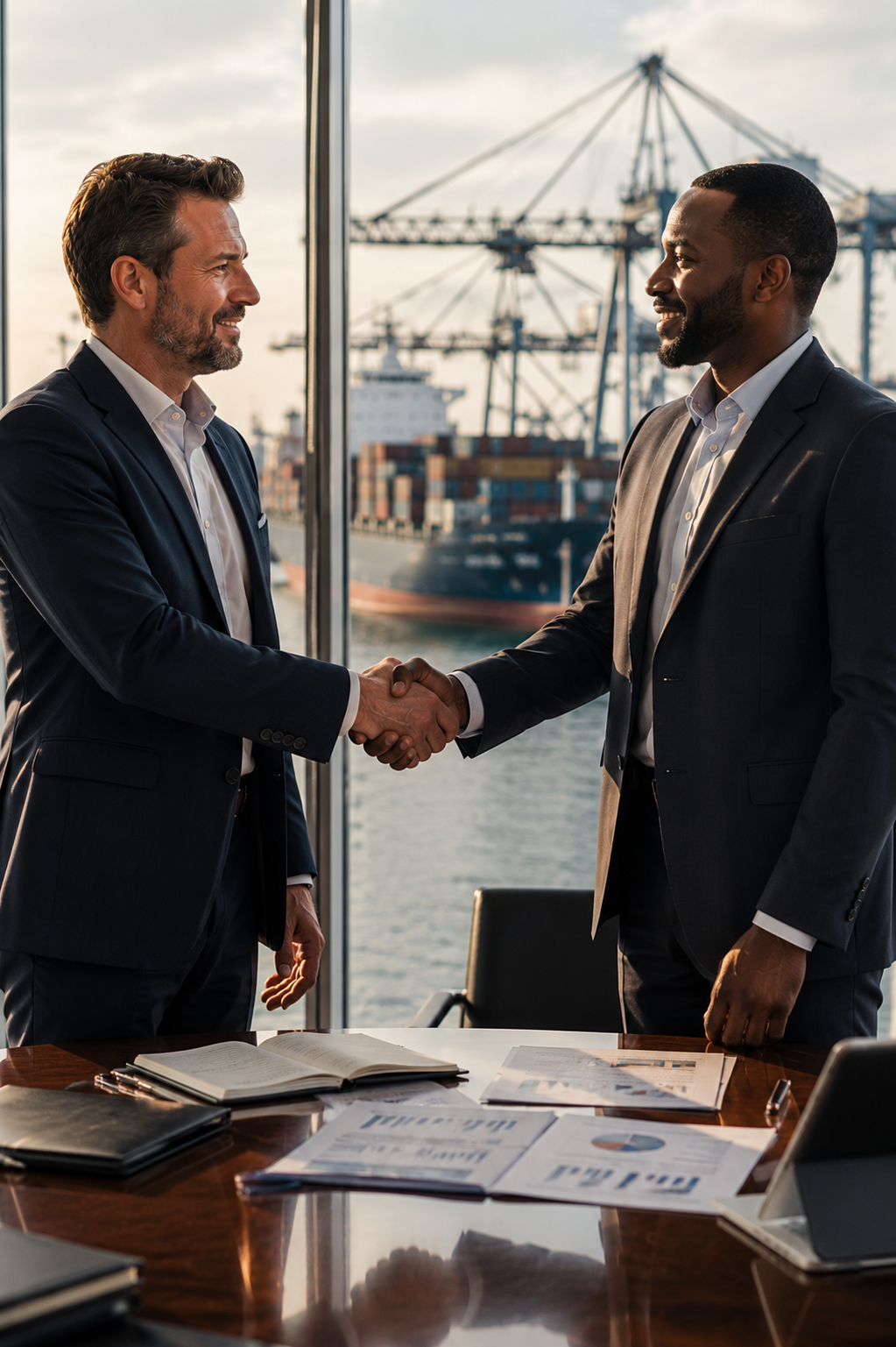 Commodity buyer and supplier representative concluding a professional meeting with a handshake overlooking an international cargo port.