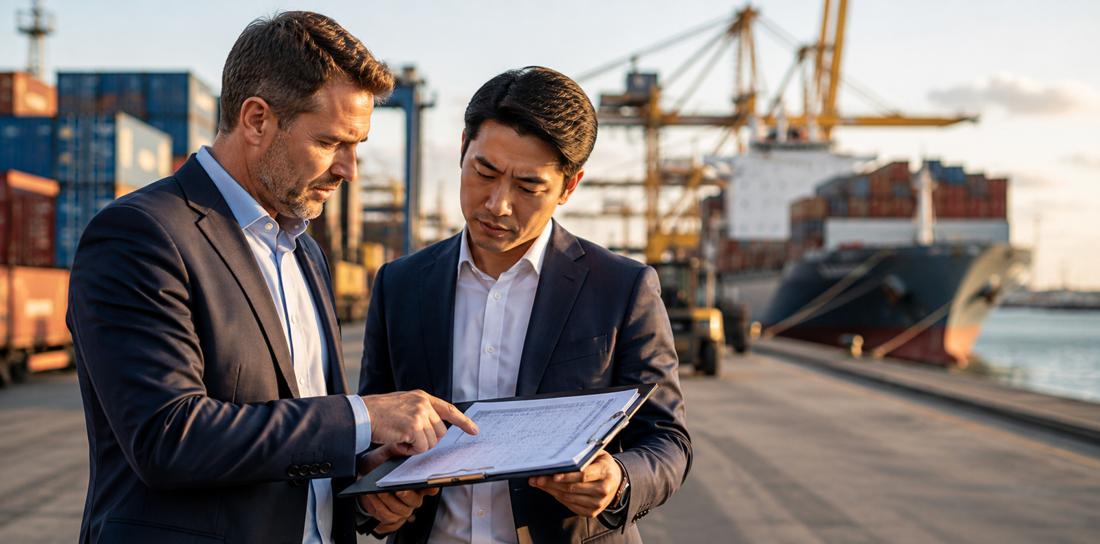 International commodity buyers reviewing product specifications and shipment information at a global cargo port while discussing sourcing requirements.