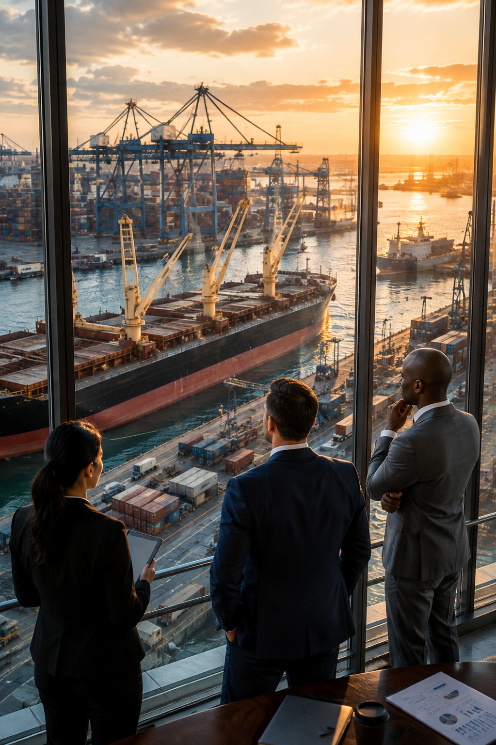 International commodity trade professionals overlooking bulk cargo vessels, container operations and port logistics at a major commercial shipping terminal.