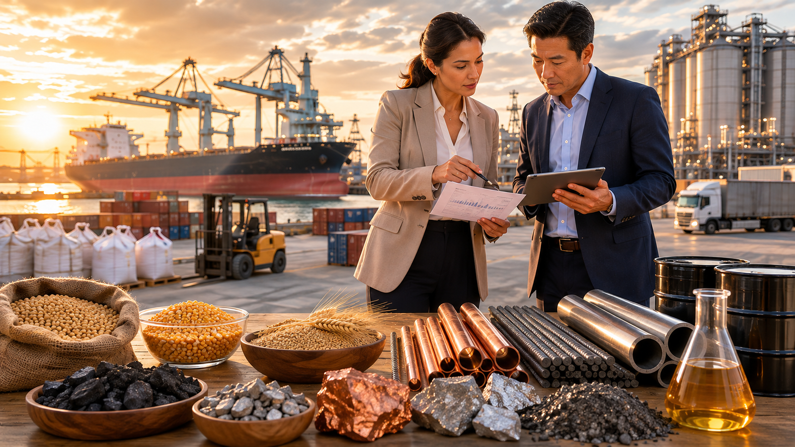 Commodity specialists reviewing trade information alongside agricultural grains, industrial metals and raw materials at an international freight terminal.