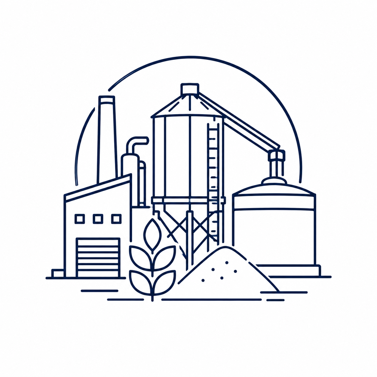 Line-art icon representing commodity producers with an industrial facility, grain silo, agricultural production and bulk material storage.