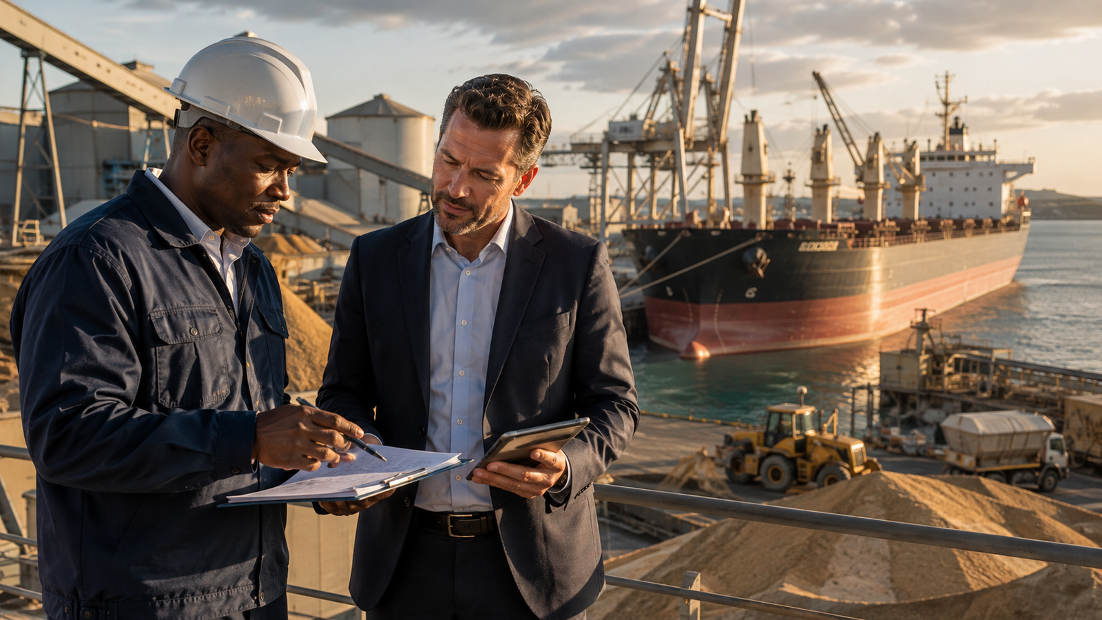 Commodity supplier representative reviewing product specifications with an international business counterpart at a bulk cargo export port.