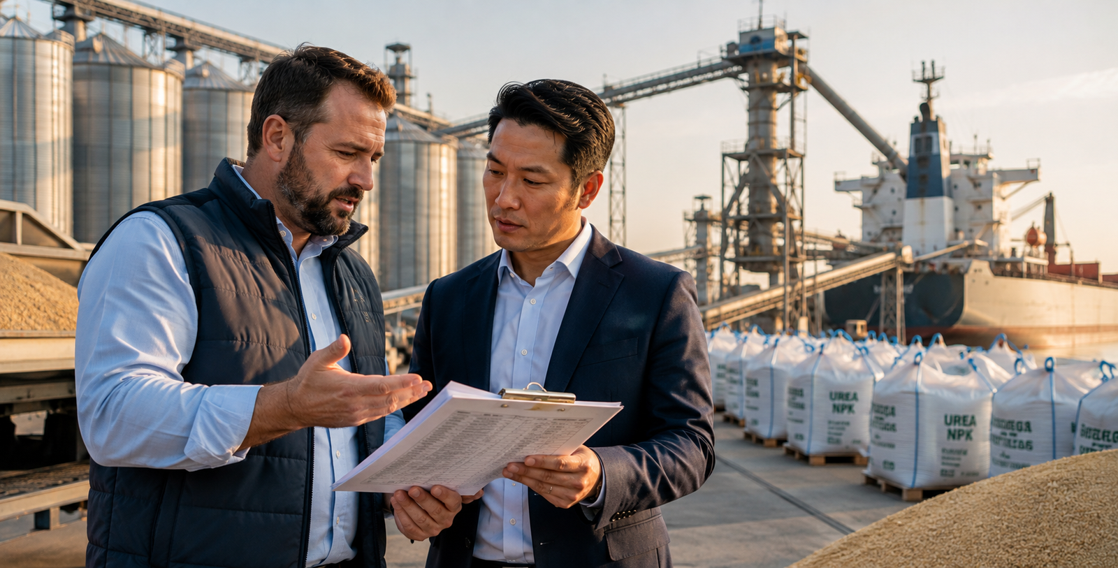 Commodity supplier representative discussing product specifications and supply capabilities with a potential buyer at an international export facility.