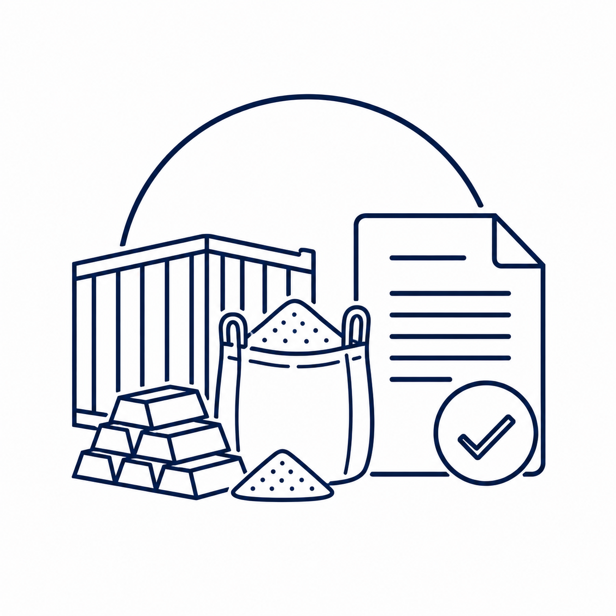 Line-art icon representing a commodity supplier with bulk materials, commercial goods, supply documentation and a verification checkmark.