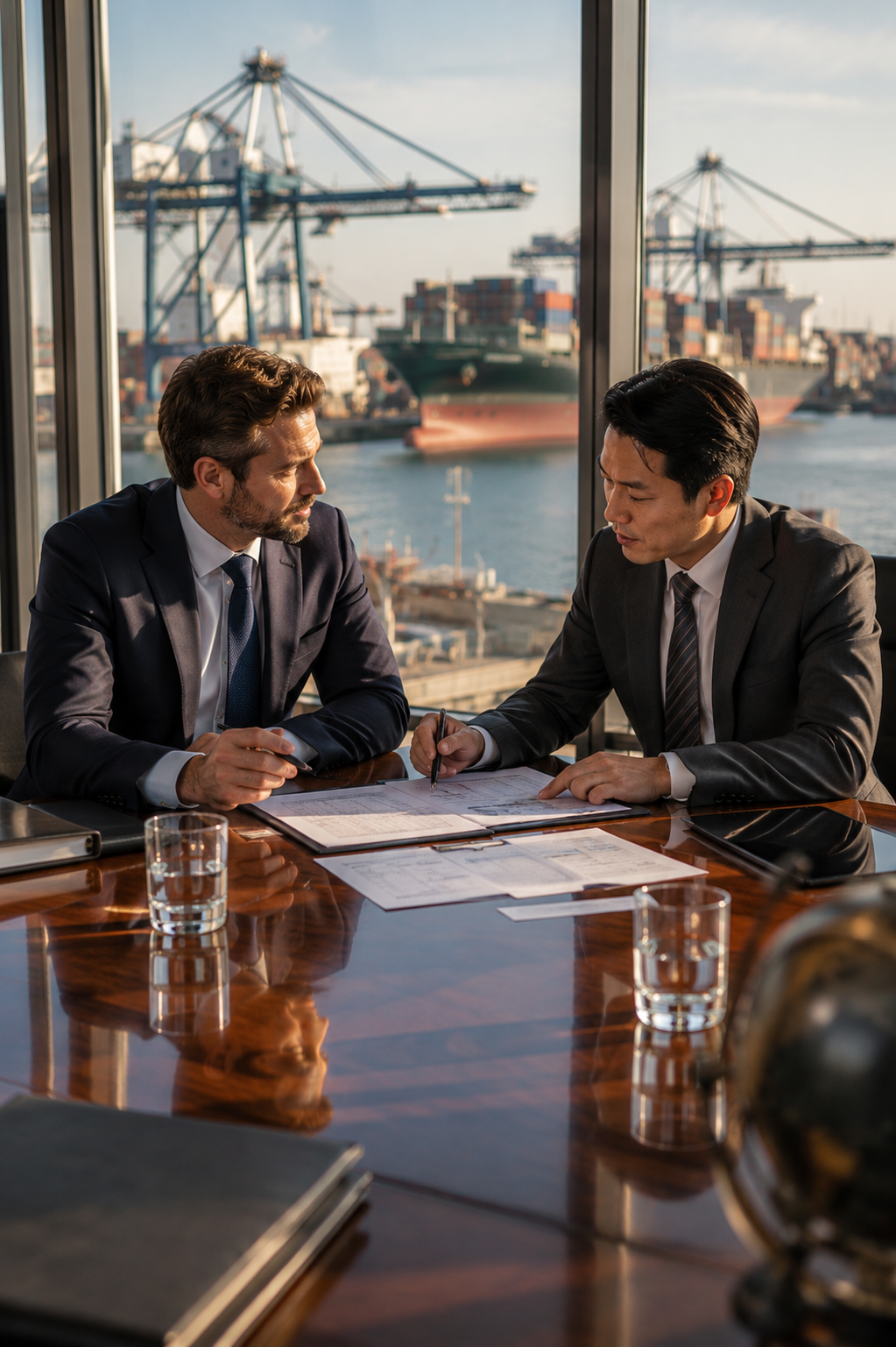 International commodity business professionals reviewing product specifications and supply requirements during a meeting overlooking a commercial shipping port.