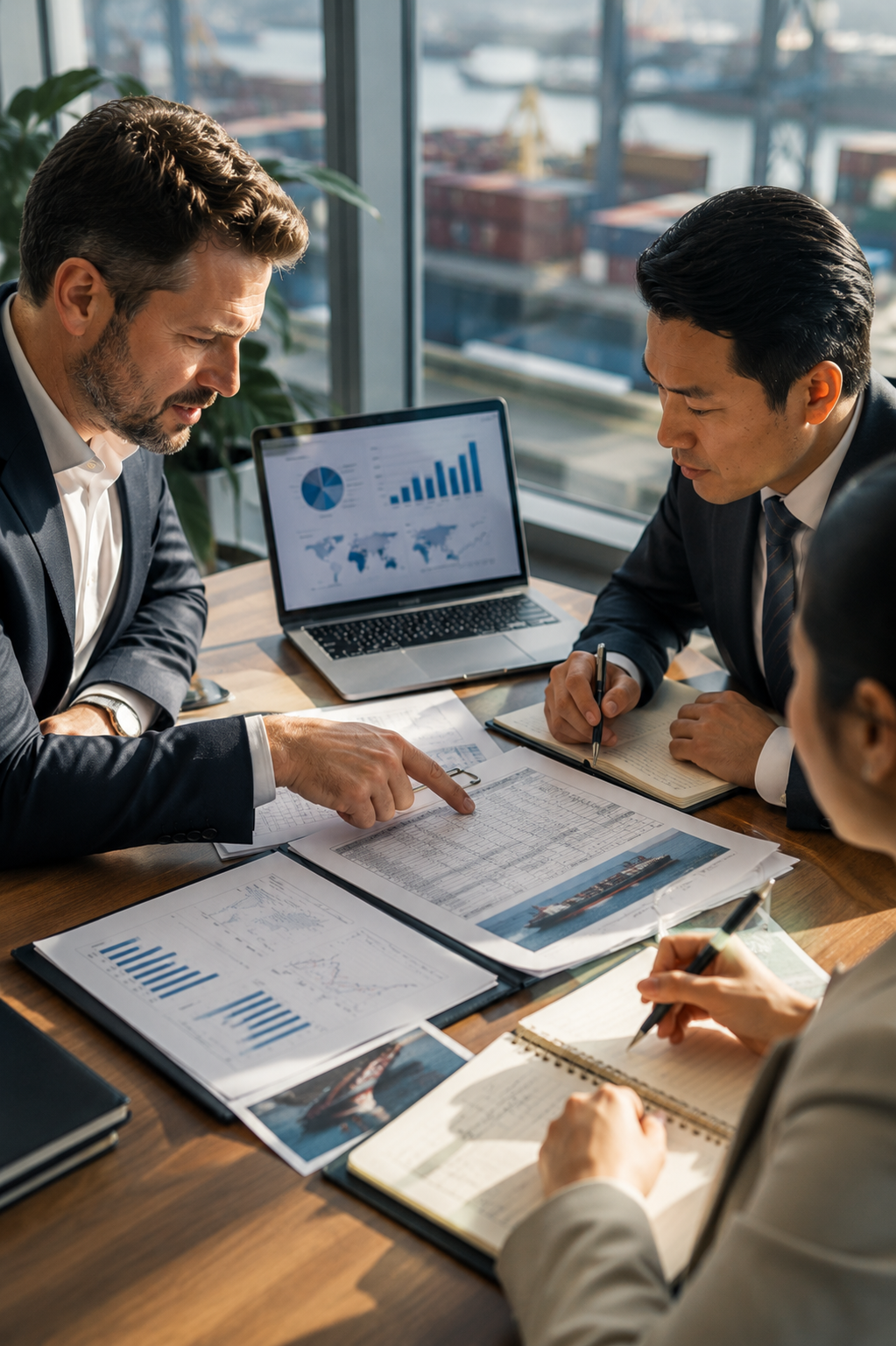 International commodity trade professionals reviewing product specifications, logistics documents and shipment requirements during a sourcing meeting.