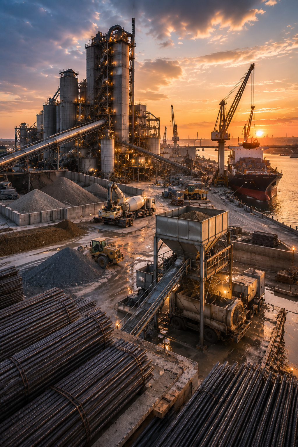 Modern construction materials export facility featuring a cement plant, rebar, concrete batching equipment, aggregate storage, and international port loading infrastructure supporting global construction supply chains.
