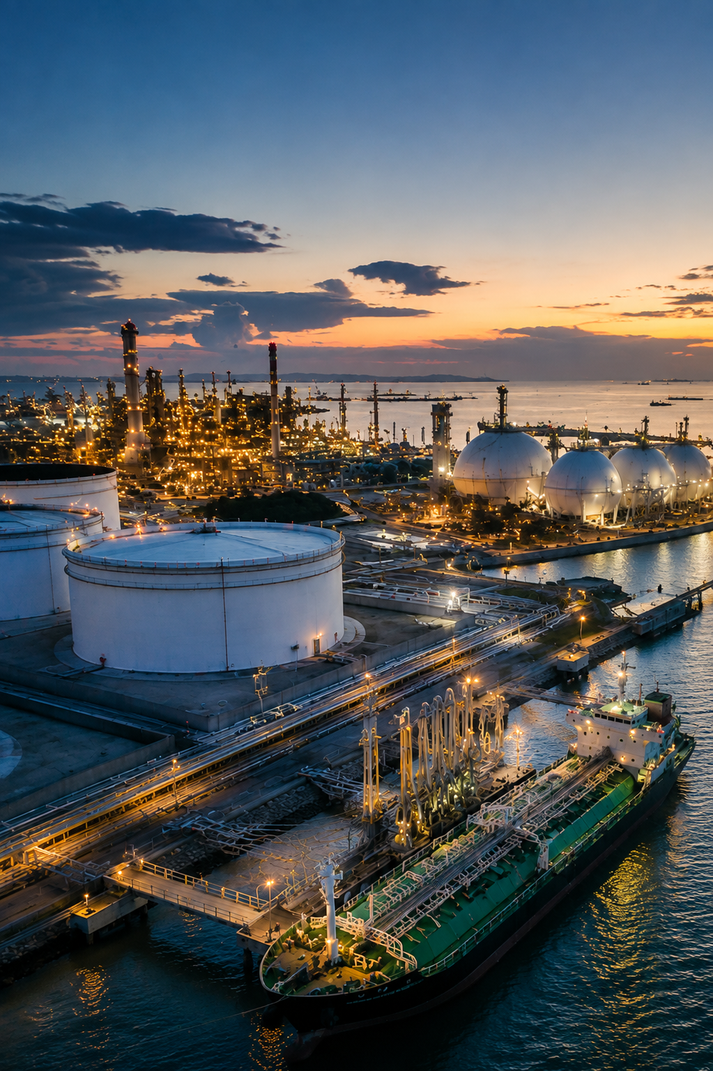 Global energy commodities infrastructure featuring oil storage tanks, LNG terminal, refinery facilities, and marine fuel loading operations supporting international commodity trade.