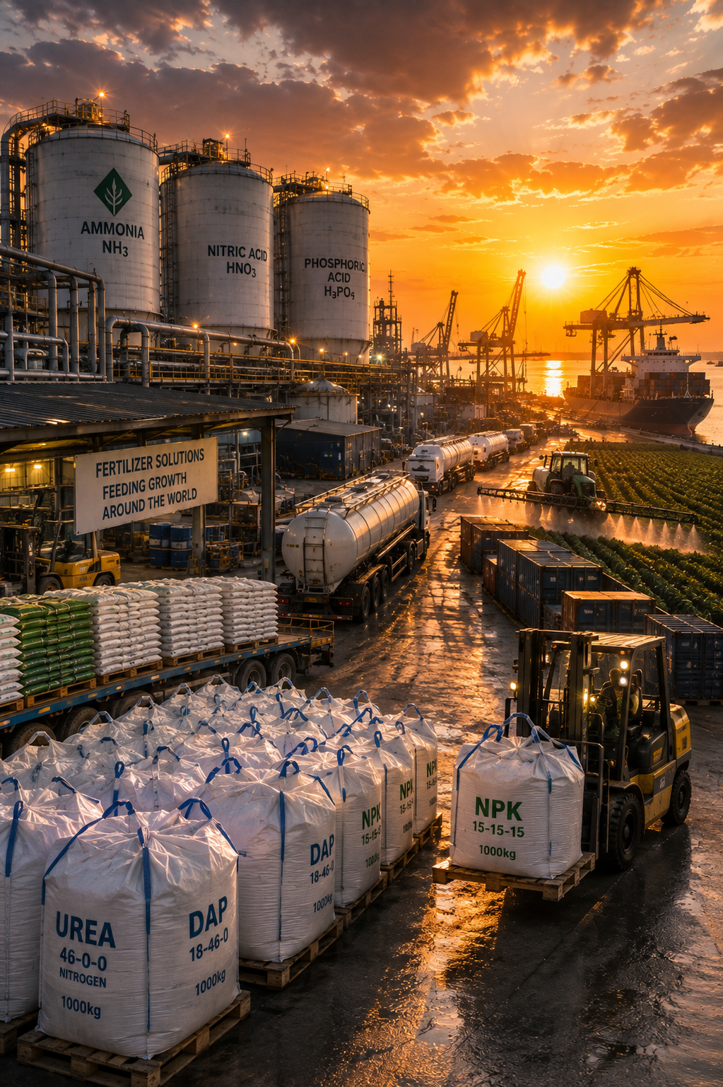Modern fertilizer and industrial chemical export facility featuring bulk fertilizer bags, chemical storage tanks, agricultural distribution infrastructure, cargo loading operations, and international shipping supporting global supply chains.