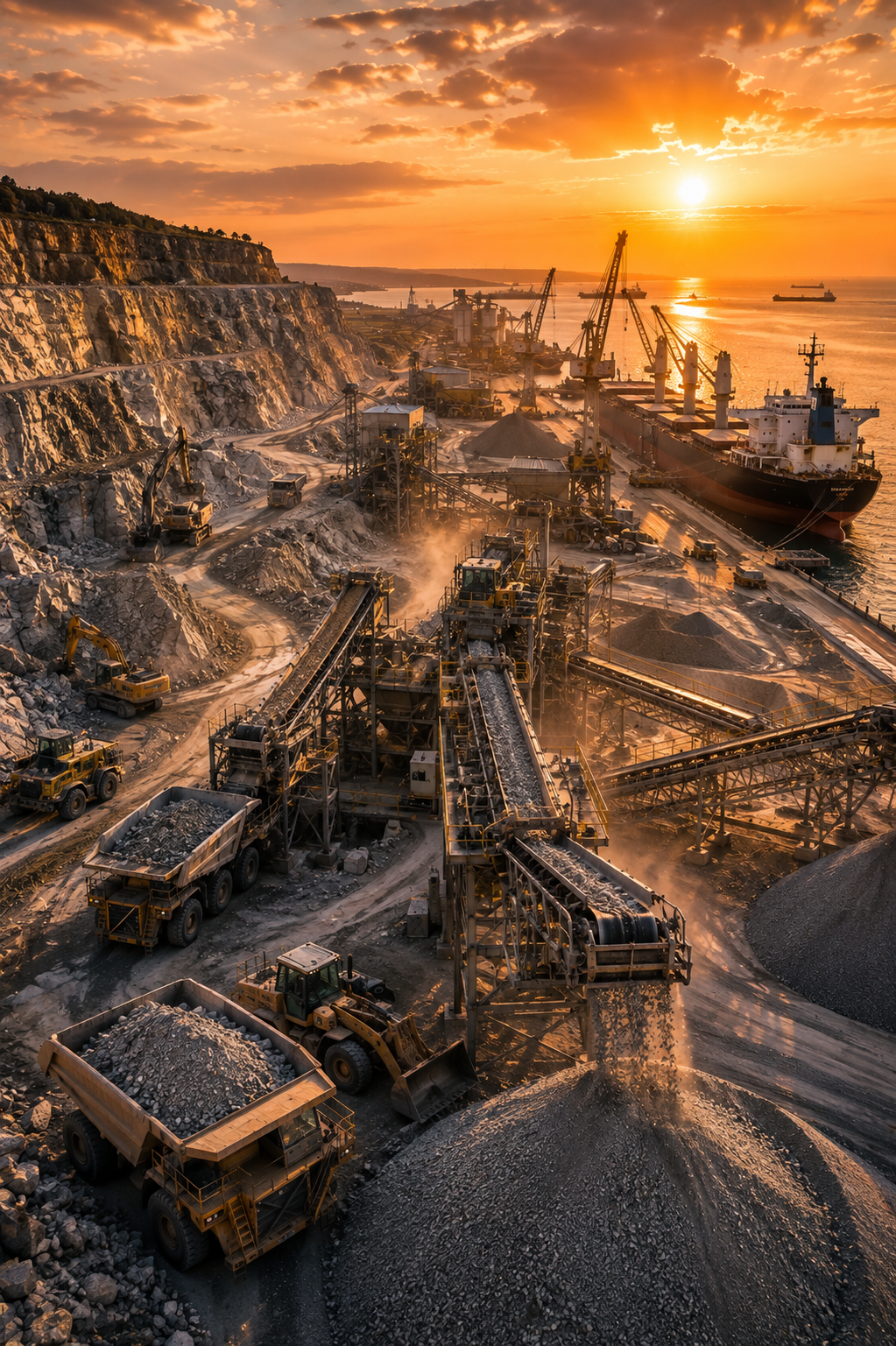 Modern industrial minerals operation featuring an active quarry, mining equipment, conveyor belt systems, aggregate processing, and bulk shipping terminal supporting international mineral supply chains.