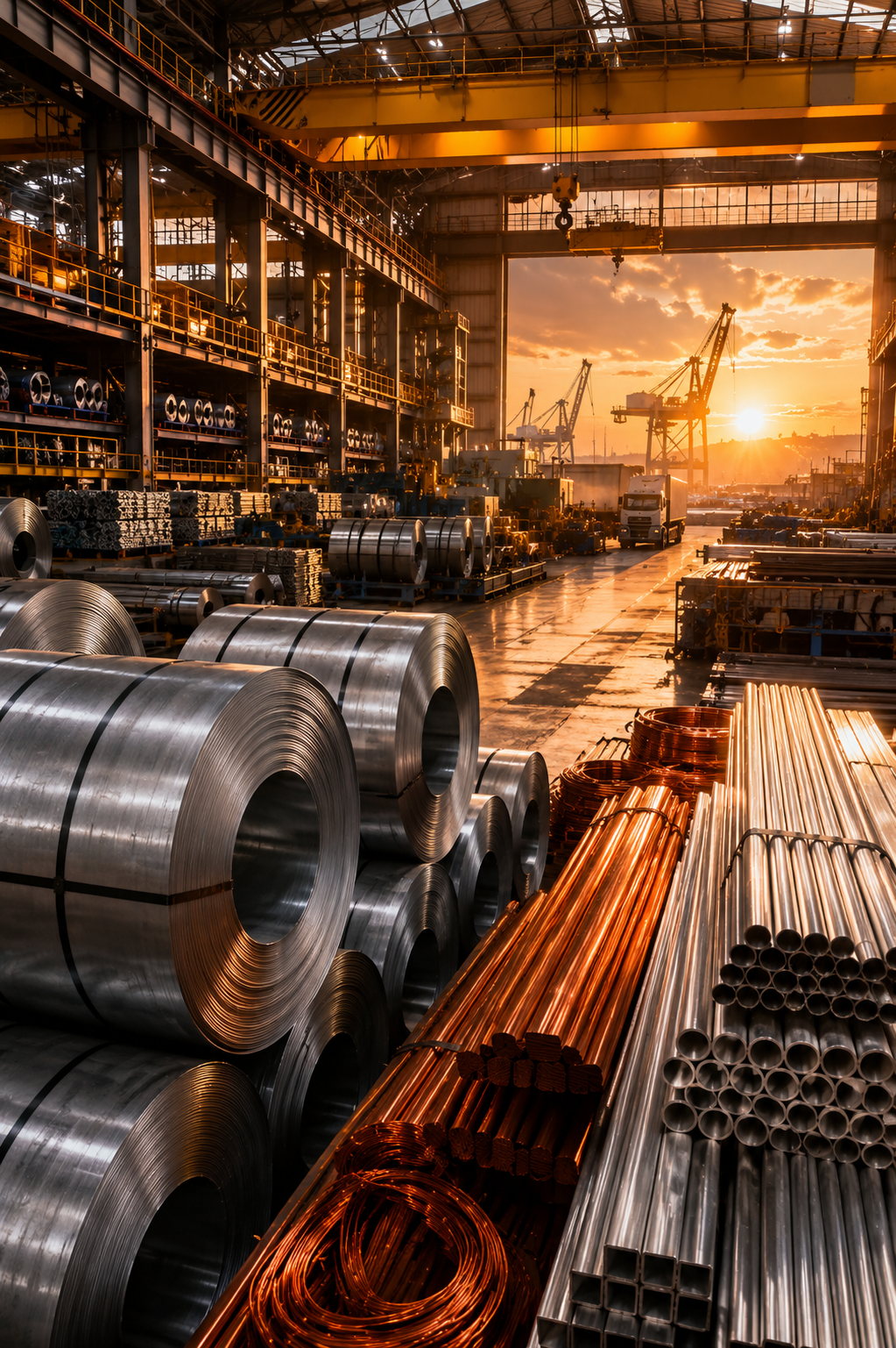 Modern industrial warehouse featuring steel coils, copper materials, aluminum products, and global metal supply chain infrastructure supporting international industrial and construction markets.