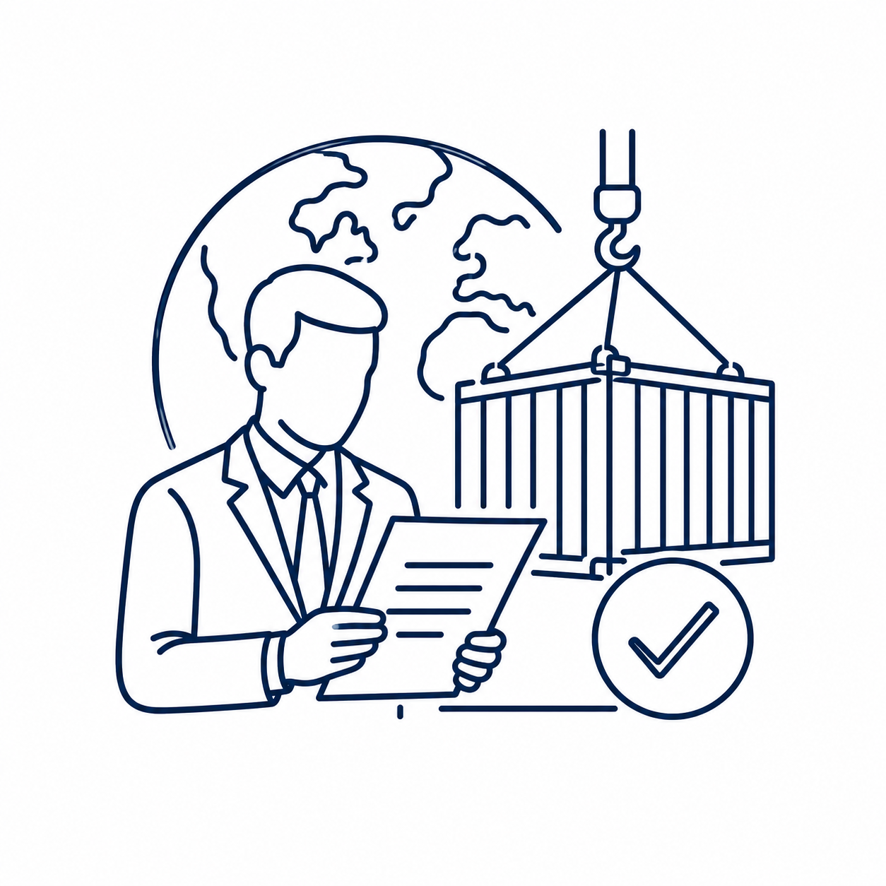 Line-art icon of an international commodity buyer reviewing purchasing requirements beside a cargo container and approval symbol.