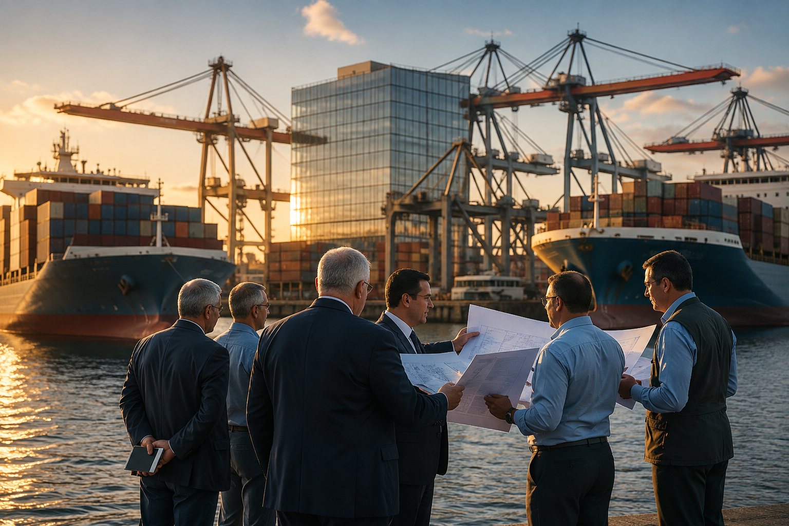 International commodity buyers and suppliers discussing trade and sourcing at a global shipping port