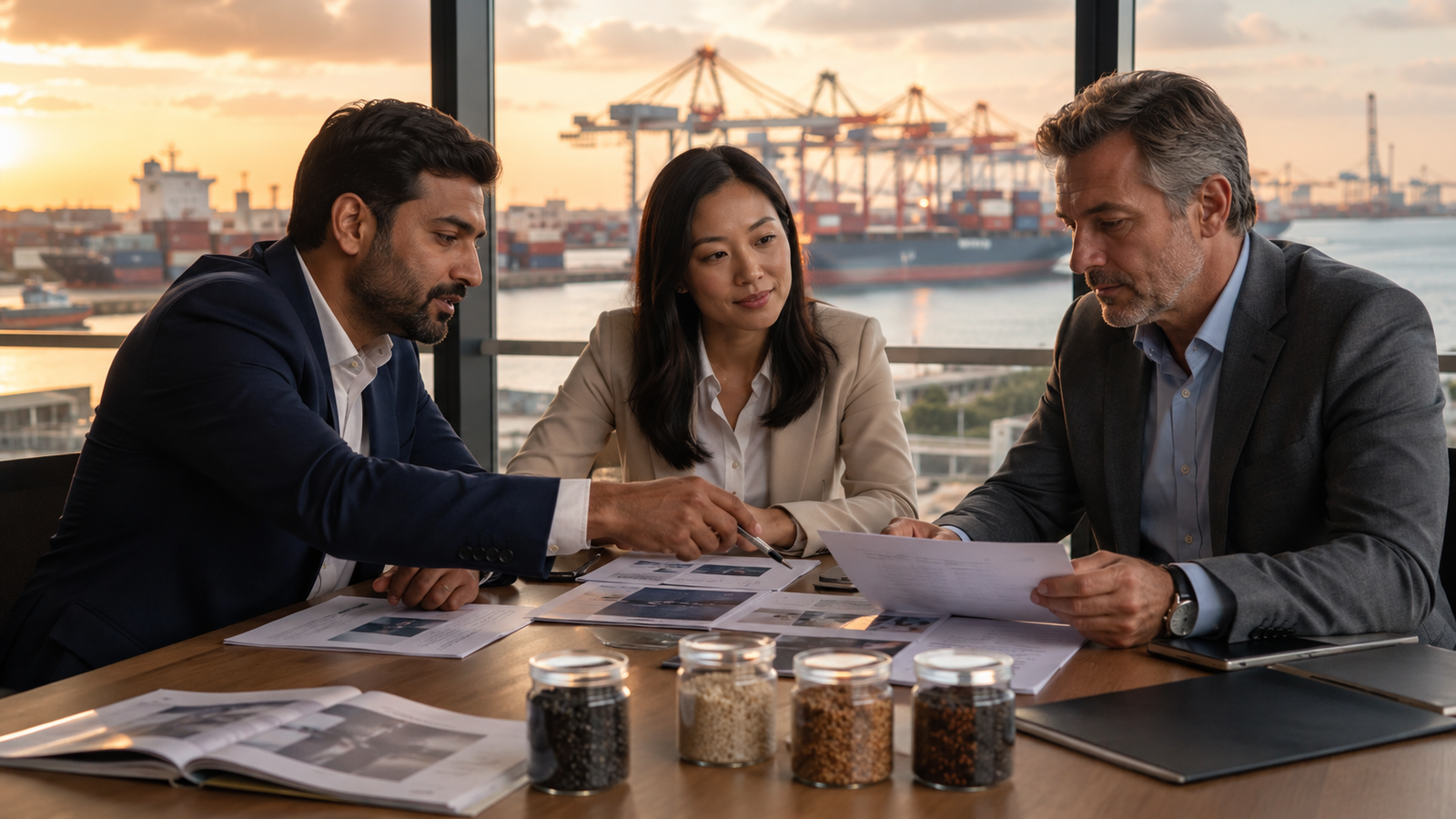 International commodity professionals reviewing product specifications, supply capabilities and logistics requirements for a potential global trade opportunity.