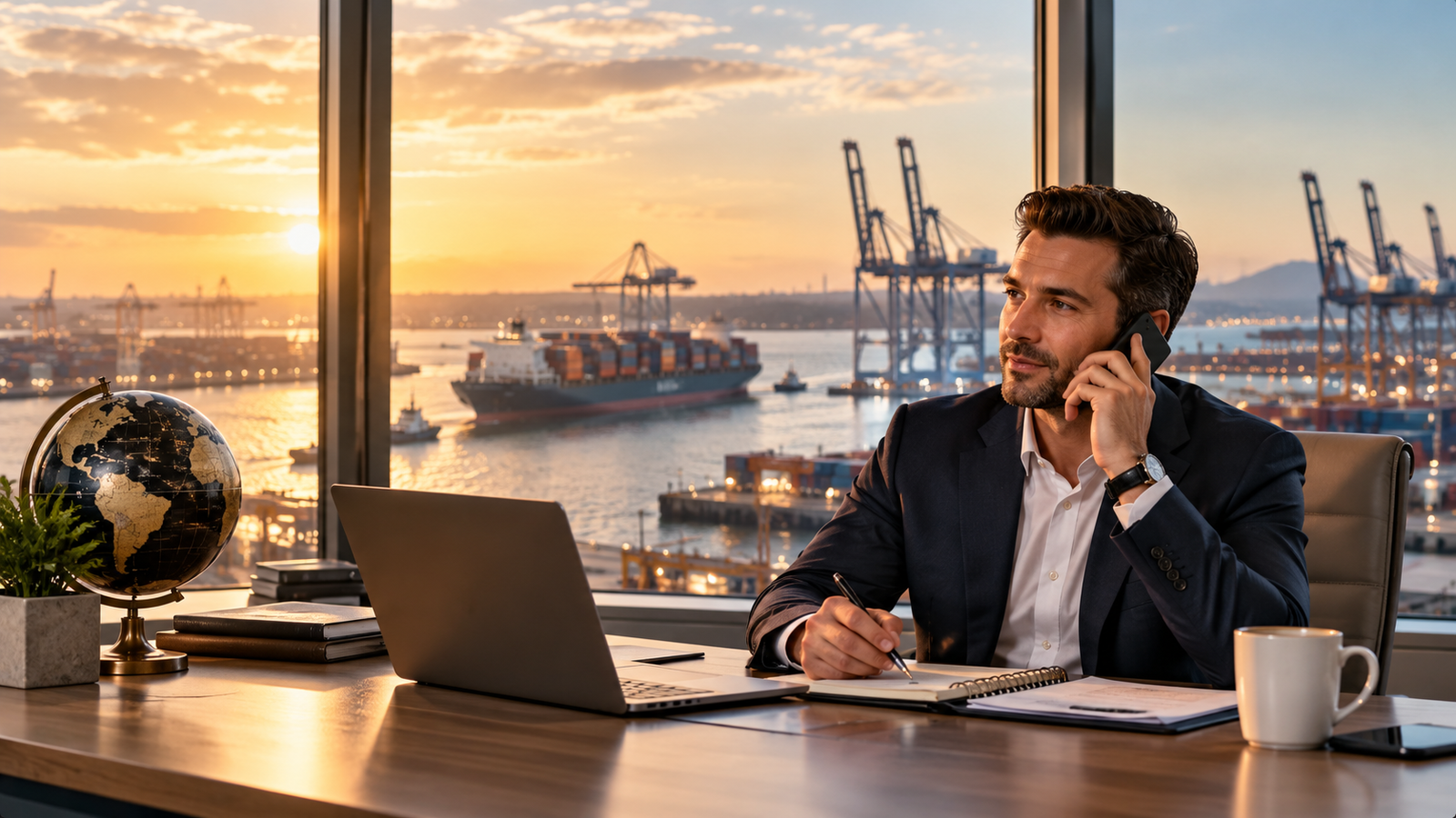 International commodity trade professional coordinating a business inquiry from an office overlooking a commercial shipping port.